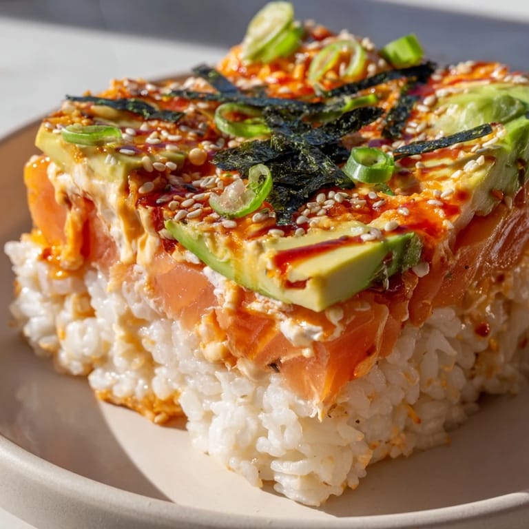 Steaming hot sushi bake casserole with nori squares and sesame seeds, perfect for sharing.