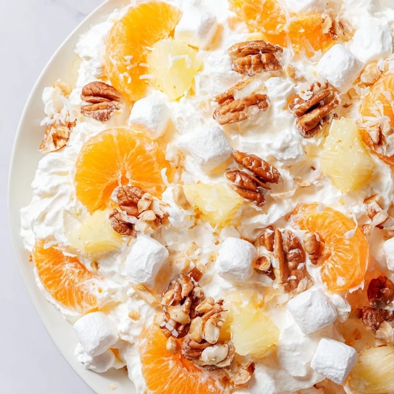 Fresh, cold Elevated Ambrosia Salad, made with bourbon-infused whipped cream, looks light and fluffy.
