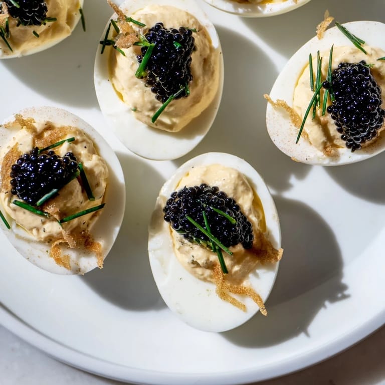 Creamy deviled eggs, showcasing luxurious caviar and golden crispy shallots, a party favorite.