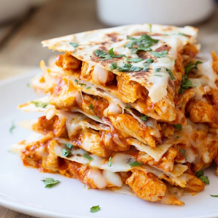 Savory Butter Chicken Quesadillas, stuffed with spiced chicken, cheese and served with fresh cilantro.