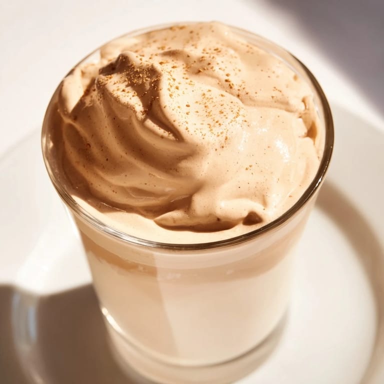 Indulge in this Dalgona coffee, featuring airy, sweet coffee topping a glass of chilled milk for a delightful sip.
