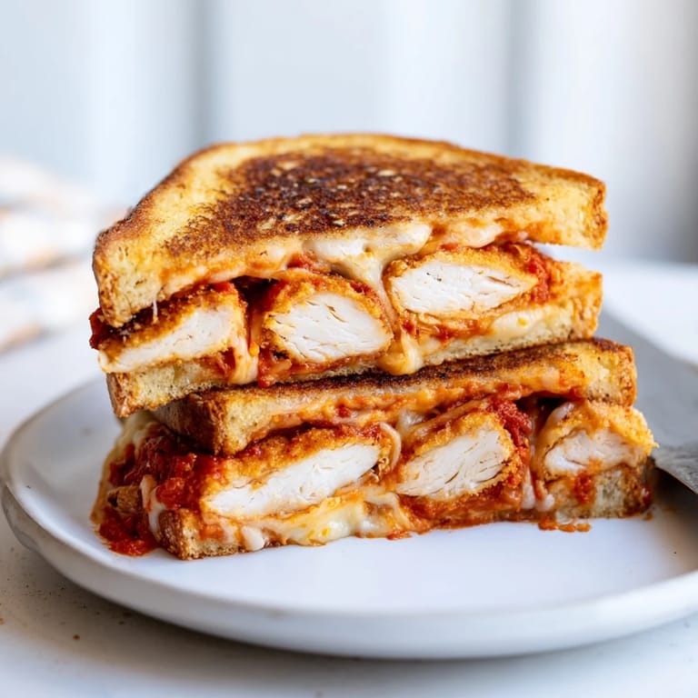 Close-up of a warm Chicken Parm Grilled Cheese with garlic butter bread, gooey mozzarella, and marinara dipping sauce on a rustic plate.  