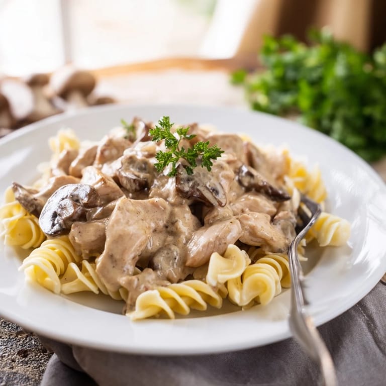 A close-up view of rich Chicken and Mushroom Stroganoff featuring tender chicken, earthy mushrooms, and a velvety sour cream sauce ladled over fluffy noodles.
