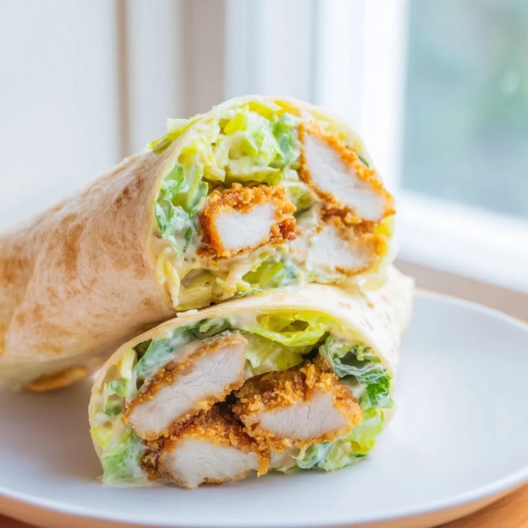 A close-up of a halved Crispy Chicken Caesar Wrap, revealing juicy chicken, crisp greens, and melted Parmesan on a wooden serving board.
