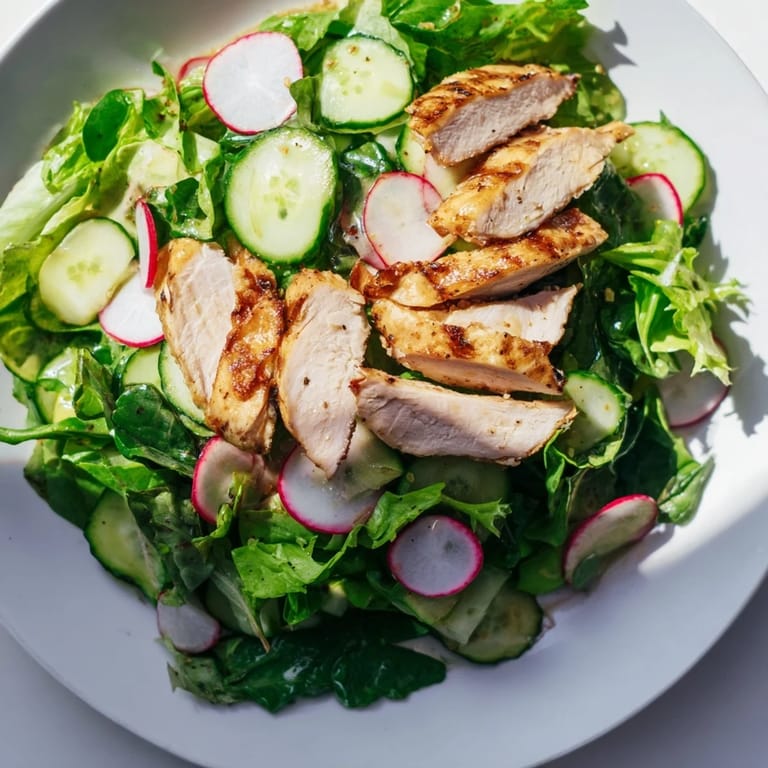 A vibrant bowl of Spring Detox Chicken Salad features juicy chicken, crisp veggies, and avocado, served with a lemon wedge for a refreshing meal.