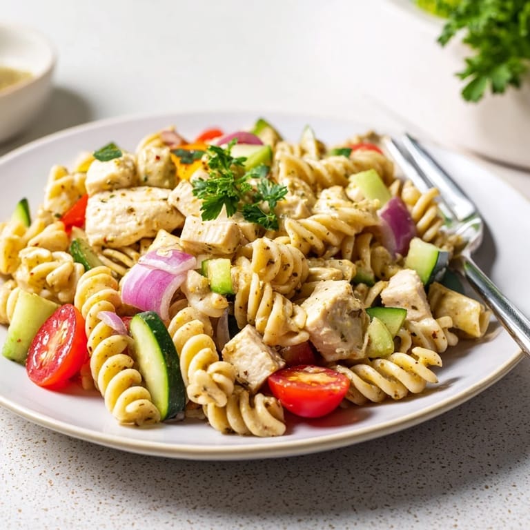 Close-up of honey mustard chicken pasta salad garnished with fresh parsley, perfect for a light summer picnic.