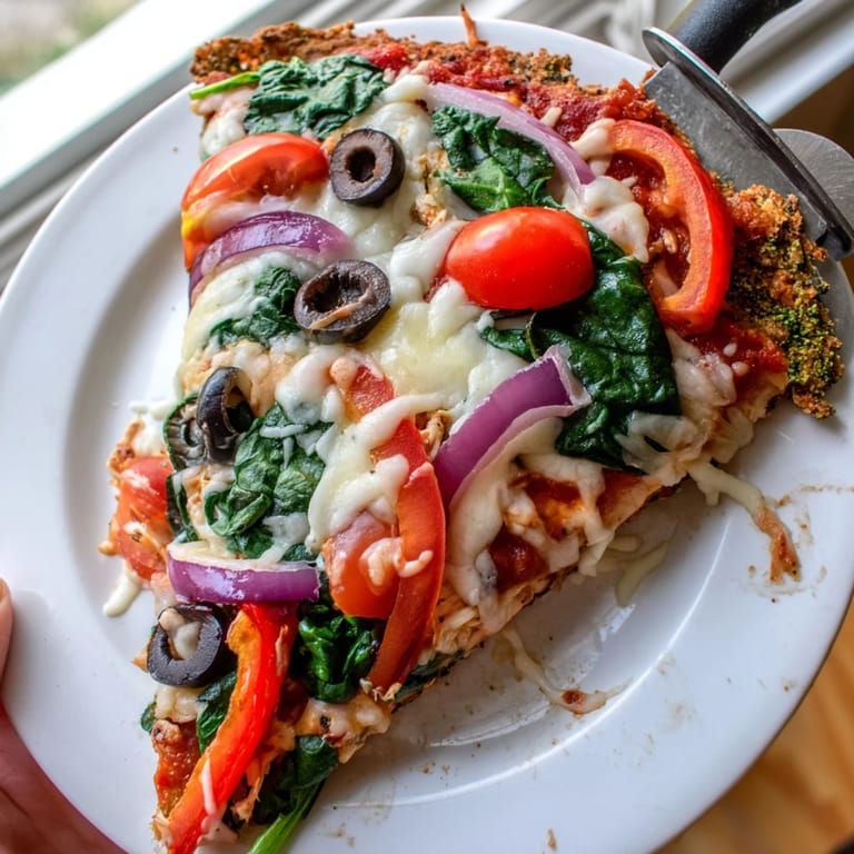Sliced Broccoli Chicken Crust Pizza on a wooden board with chili flakes and basil.