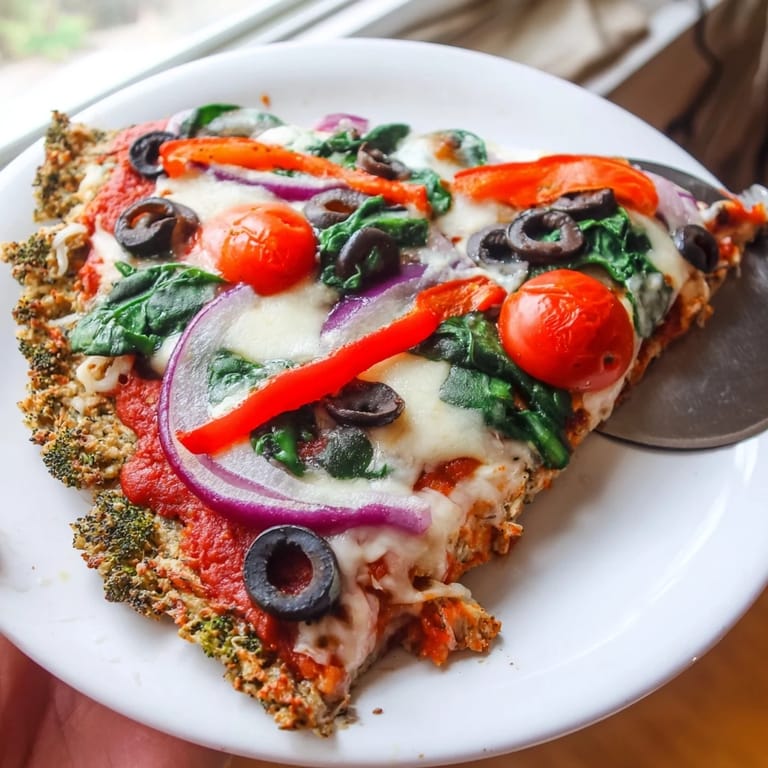 A low-carb Broccoli Chicken Crust Pizza topped with red peppers and black olives.