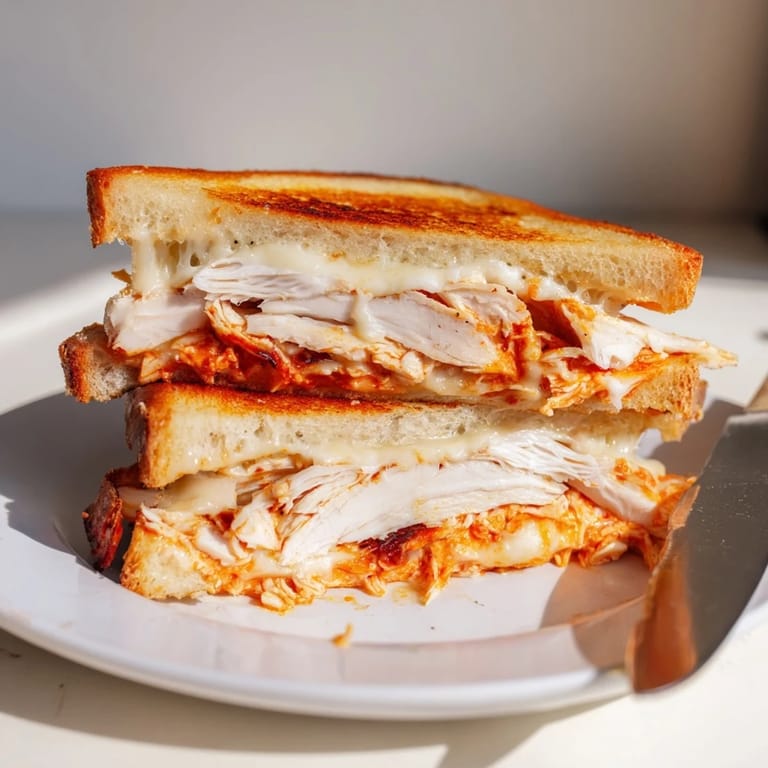 A close-up of a Buffalo Chicken Ranch Grilled Cheese, showing melted cheese pulling apart from the buttery, toasted bread.