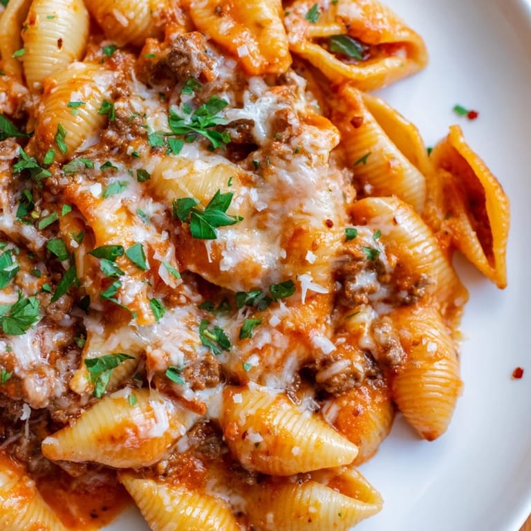 Creamy beef and shells pasta with tender ground beef, pasta shells, and rich tomato cream sauce in a skillet, garnished with parsley.