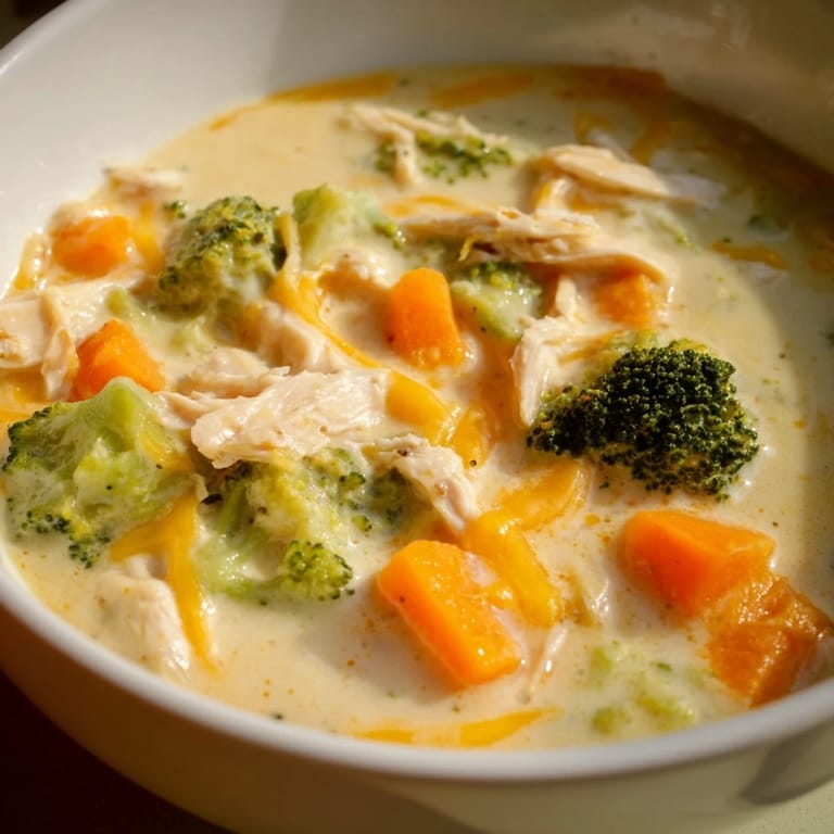 Tender chicken, bright broccoli florets, and melted cheddar cheese in a creamy soup.