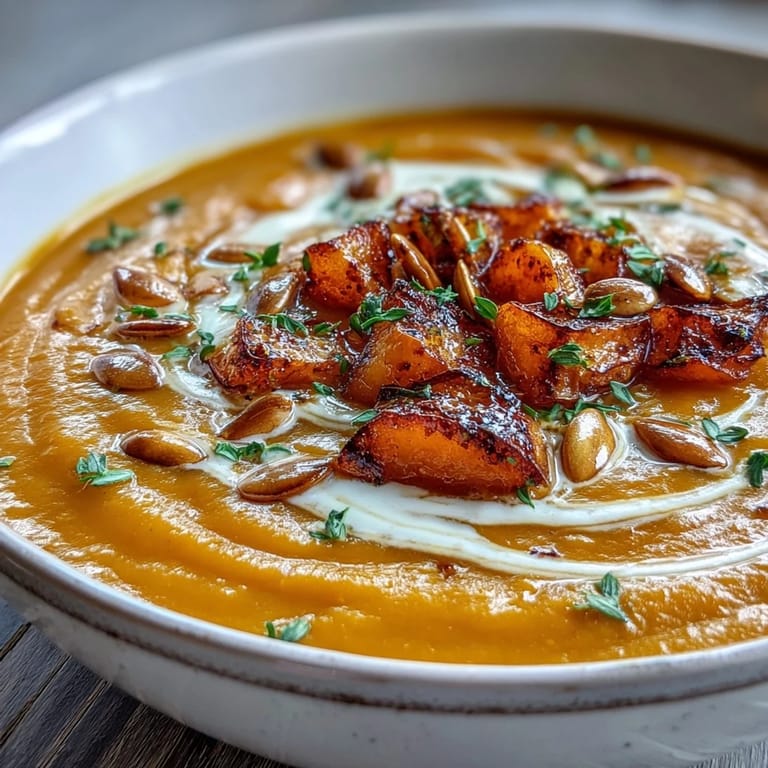 A steaming bowl of velvety Roasted Butternut Squash Soup beside golden roasted vegetables on a baking sheet.