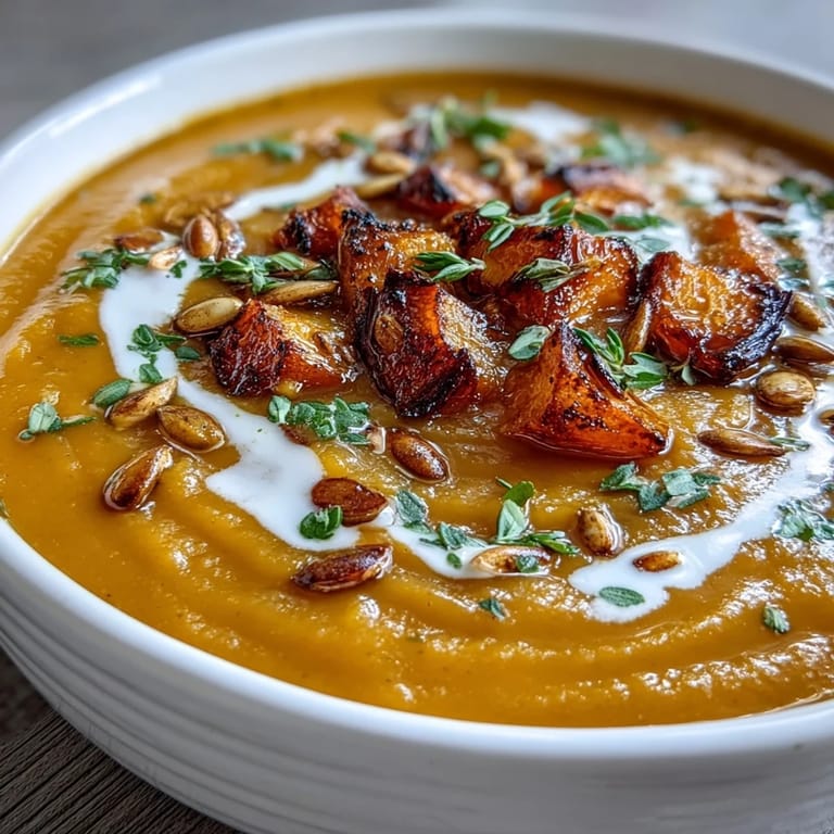 Creamy Roasted Butternut Squash Soup swirled with heavy cream, served hot alongside a crusty bread slice.