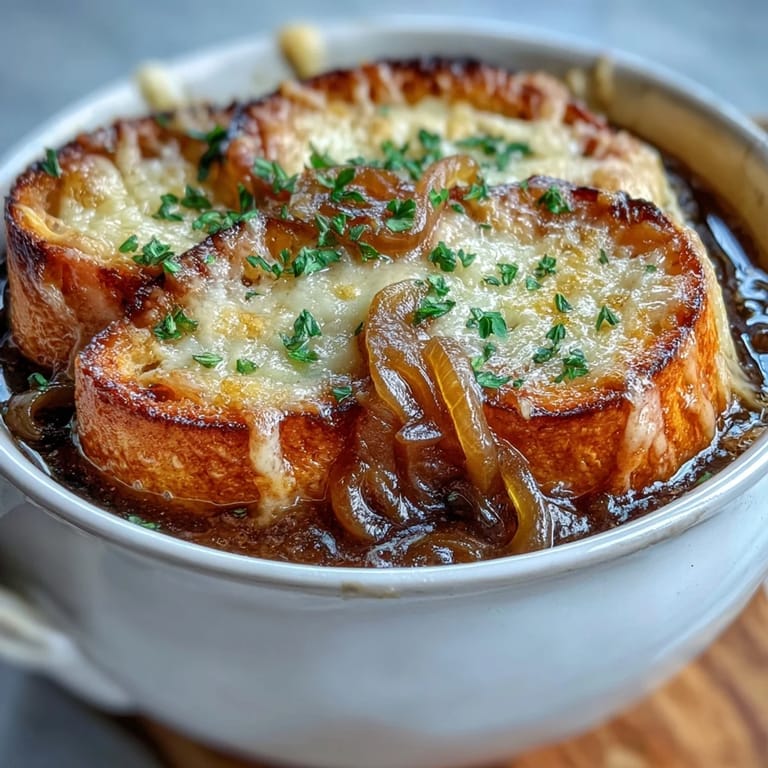 A rustic bowl of Classic French Onion Soup garnished with thyme, ready to be served with white wine.
