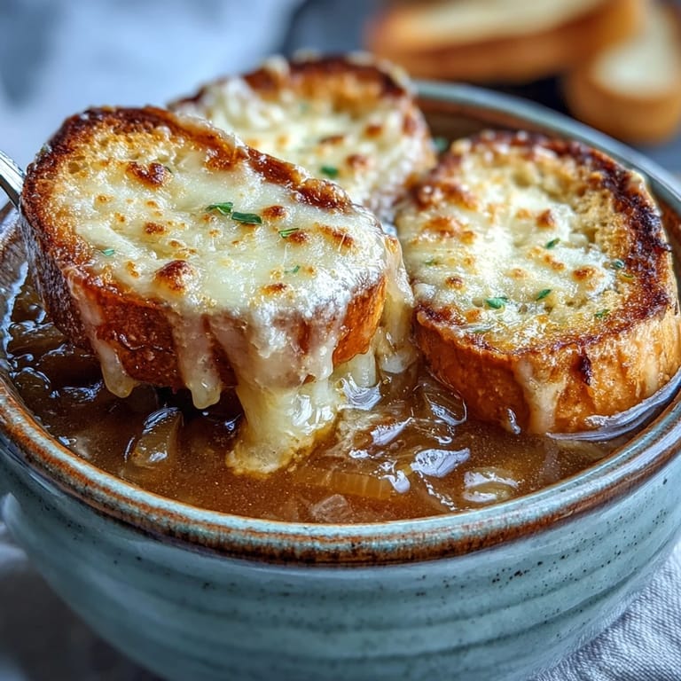 Bubbling French Onion Soup garnished with fresh thyme, featuring gooey Gruyère cheese melted over crisp, toasted bread.