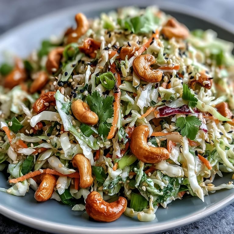 Spicy Asian Cabbage Salad topped with toasted sesame seeds and chopped peanuts, drizzled with ginger-sesame dressing.