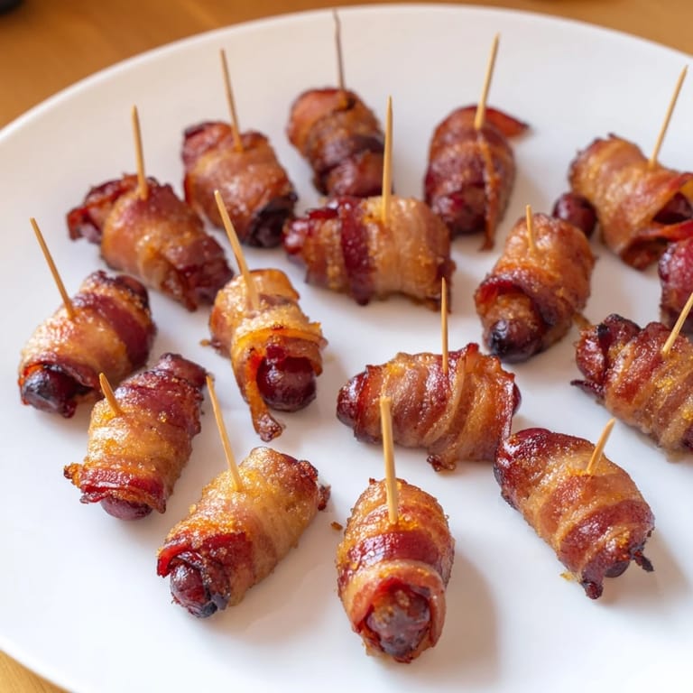 Golden brown 3-ingredient bacon-wrapped smokies sizzling on a baking sheet, ideal for game day snacks.