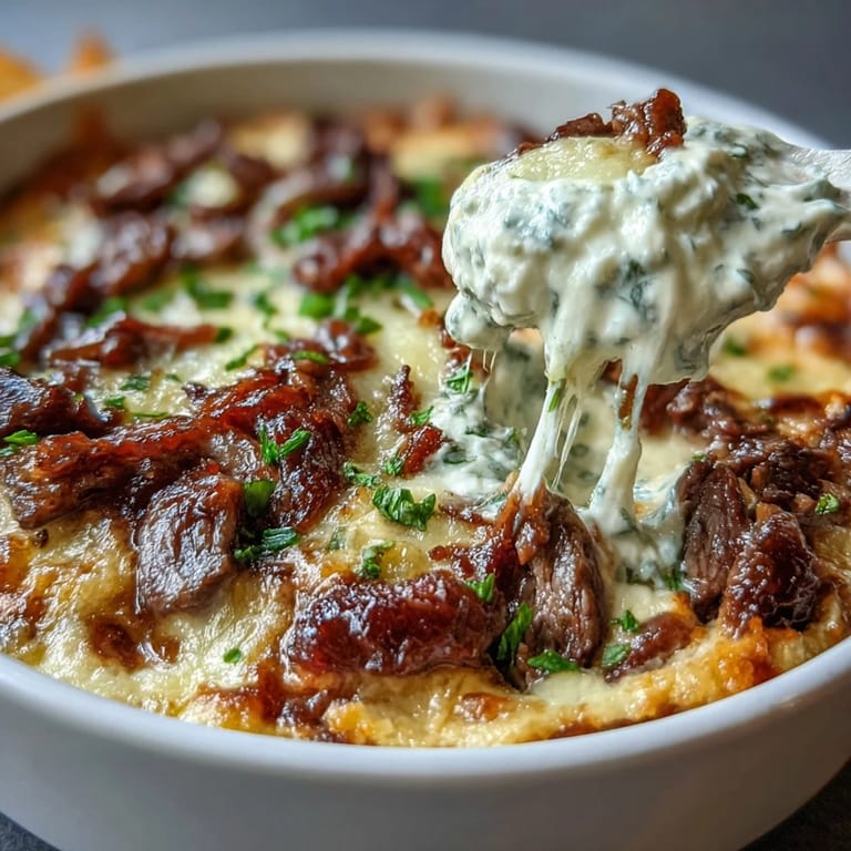 A warm bowl of Philly Cheesesteak Dip topped with melted provolone and sautéed peppers.