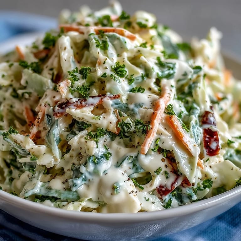 Creamy Coleslaw With Dressing served chilled in a glass dish alongside grilled ribs at a barbecue.