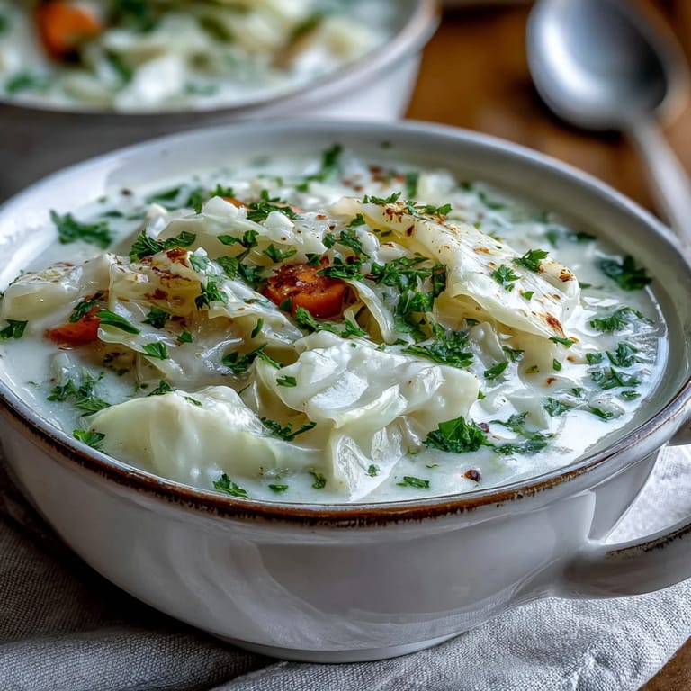Smooth Creamy Potato Soup with Cabbage ladled into a cozy bowl, garnished with parsley and black pepper.