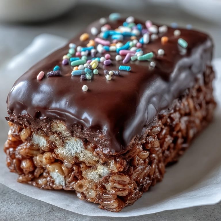 Close-up of Chocolate Covered Rice Krispy Treats showing melted chocolate drizzle and a colorful sprinkle garnish, ideal for parties or sweet snacking.