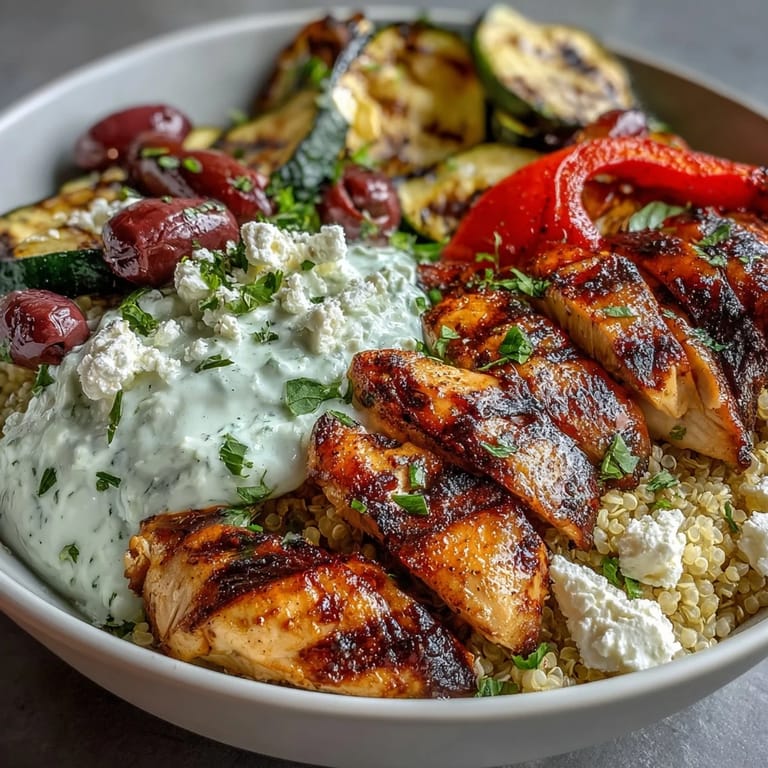 Overhead view of a healthy Mediterranean bowl featuring marinated chicken, charred bell peppers, and quinoa, ready to enjoy for dinner.