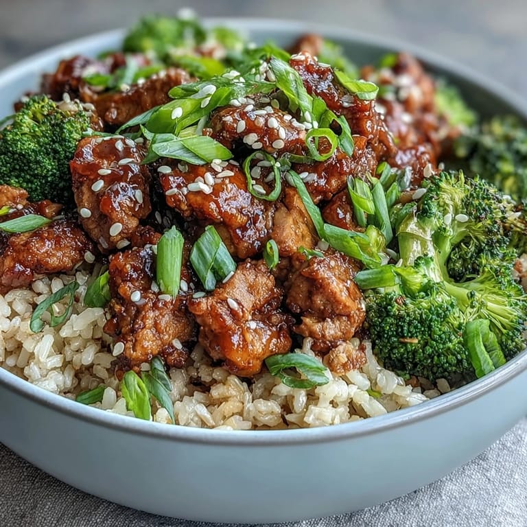 A serving of Sweet and Spicy Turkey Broccoli Bowls with chopsticks lifting saucy turkey over broccoli, rice, and fresh green onion.