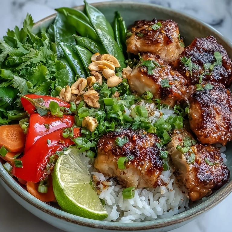 A colorful Thai Chicken Coconut Bowl with fresh cilantro, Thai basil, peanuts, and a lime wedge garnish.