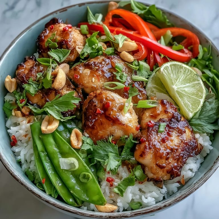 Savory Thai Chicken Coconut Bowl featuring juicy chicken, carrots, and chili slices over creamy rice with fresh herbs.
