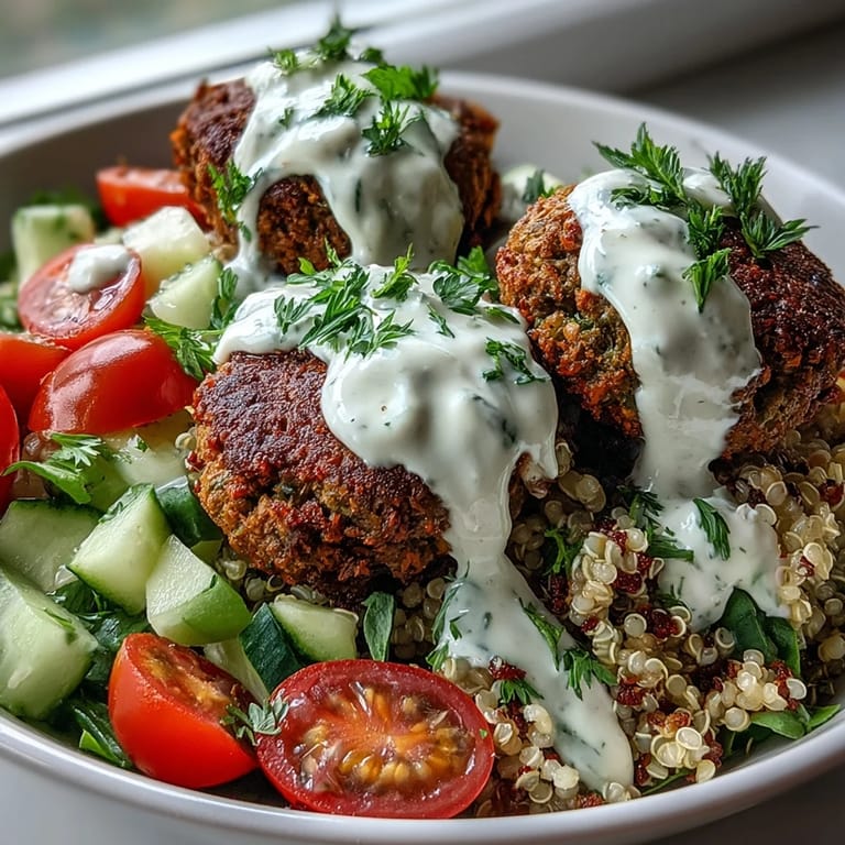 Vibrant falafel quinoa salad bowl topped with crisp vegetables and creamy Middle Eastern tahini.