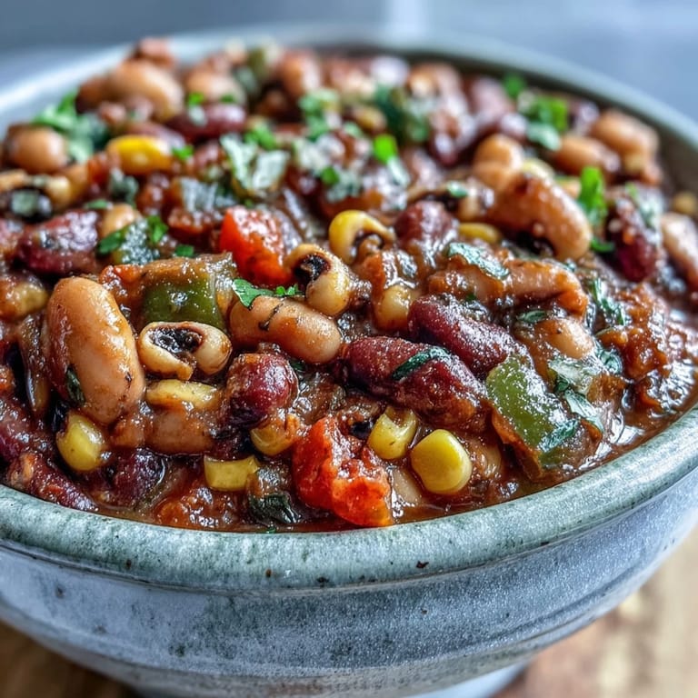 Hearty Black-Eyed Pea Chili garnished with jalapeños and shredded cheese, paired with tortilla chips for dipping.