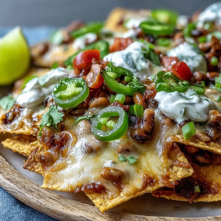 A close-up of Tex-Mex Black-Eyed Pea Nachos with black beans, spring onions, and melty cheese ready to serve.