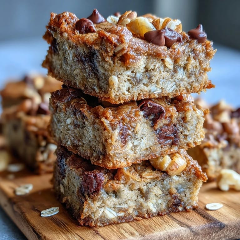A close-up of soft, chewy baked oatmeal bars with chopped nuts on top, showing a moist interior texture.