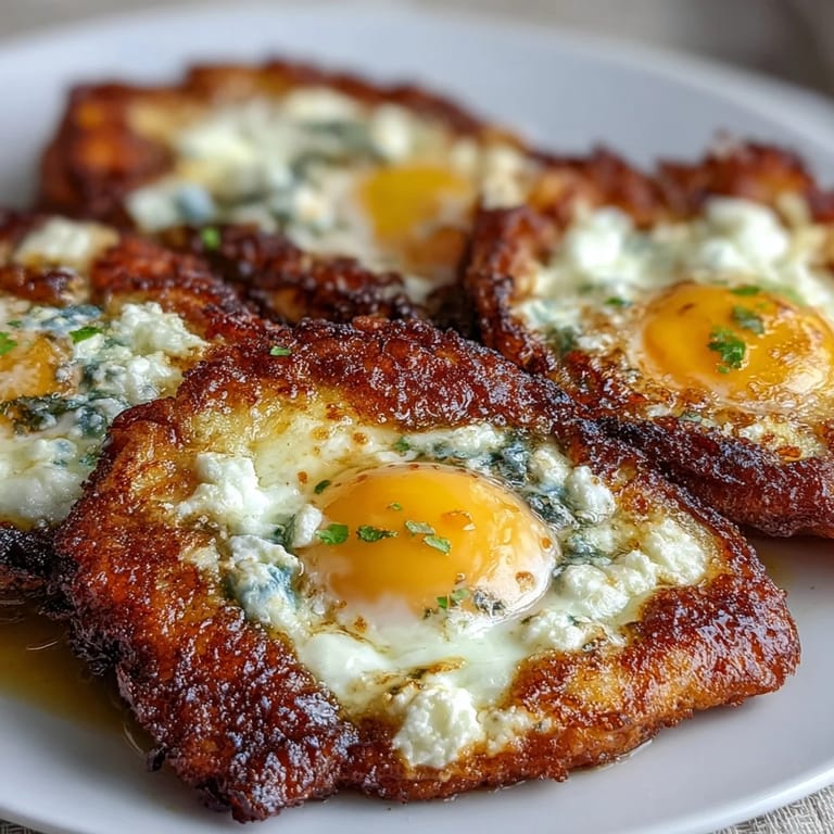 Golden Crispy Feta Fried Eggs with runny yolks served alongside sliced avocado and arugula.
