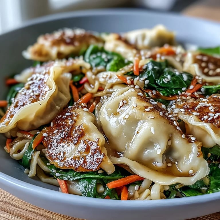 Quick Potsticker Noodle Bowls served in a skillet, garnished with green onions and sesame seeds.