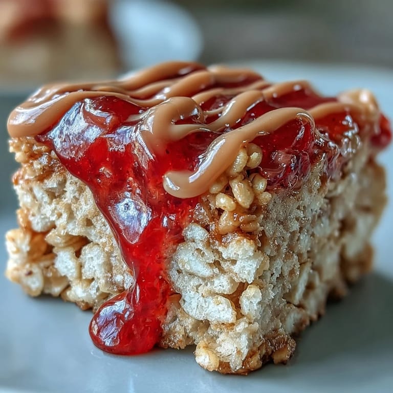 A close-up of High-Protein PB&J Rice Krispie Bars with a hand lifting a piece, revealing the crispy cereal base.