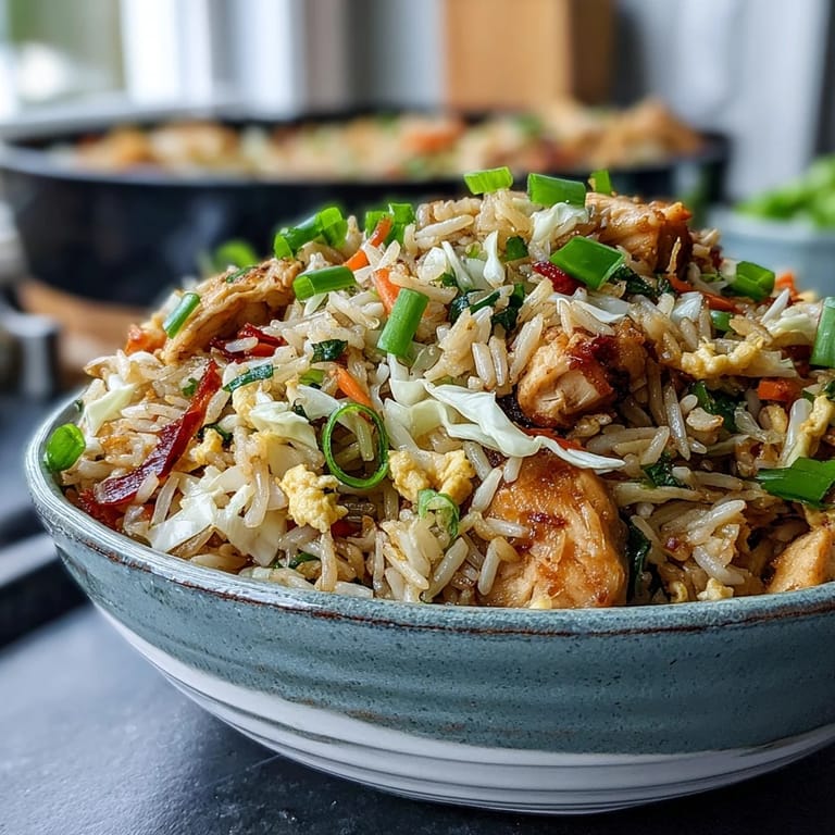 Stir-frying Egg Roll Fried Rice in a wok with scrambled eggs, tender chicken, and crisp vegetables for a fast weeknight dinner.