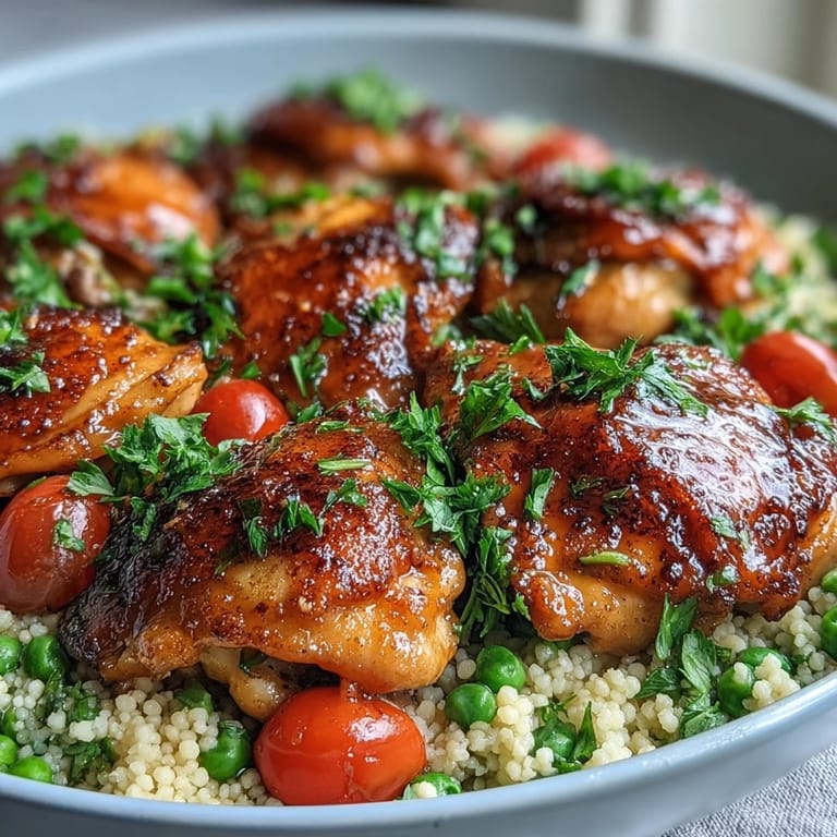 Served One-Pan Garlic Butter Chicken Couscous from the skillet, peas and tomatoes mixed into fluffy grains.