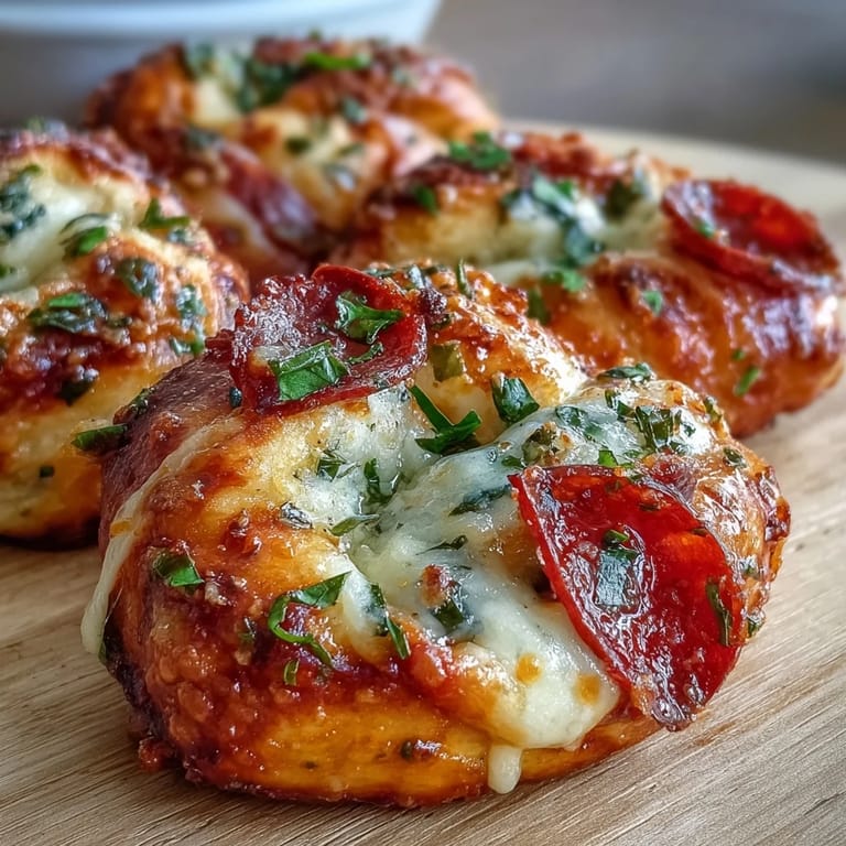 Savory Pizza Roll Stuffed Garlic Knots with gooey cheese and pepperoni, served warm with a side of marinara for dipping.
