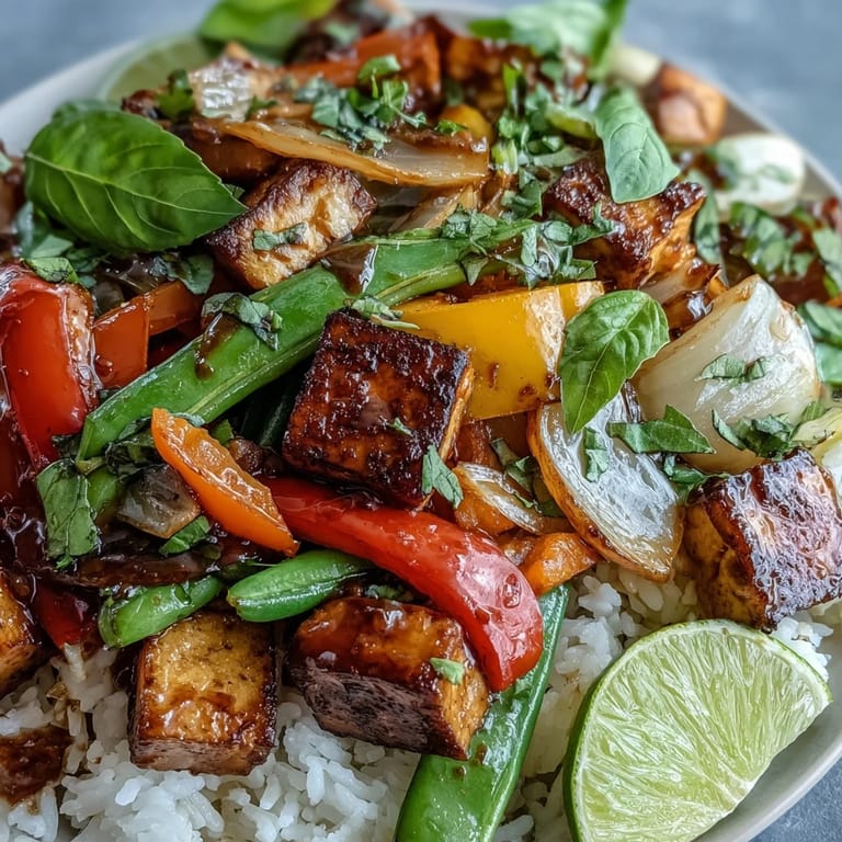 A close-up of plant-based Vegan Thai Basil Tofu Stir-Fry highlights glistening sauce coating tofu and colorful vegetables, with aromatic Thai basil leaves and bright lime wedges ready to squeeze over the top.