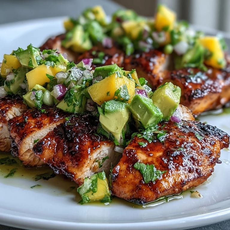 Grilled chicken with mango avocado salsa plated beside charred corn and a colorful summer salad.