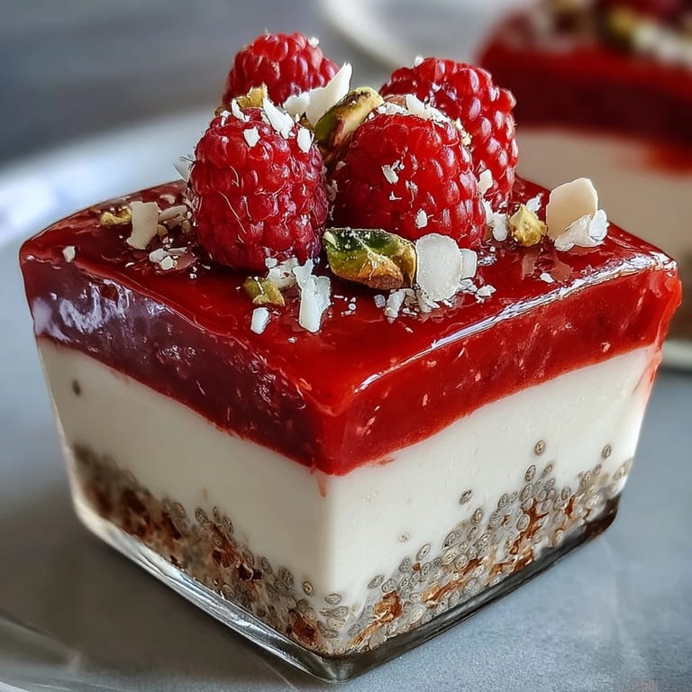 Overhead view of Vegan Raspberry Coconut Chia Parfaits topped with fresh berries, coconut flakes, and chopped pistachios.