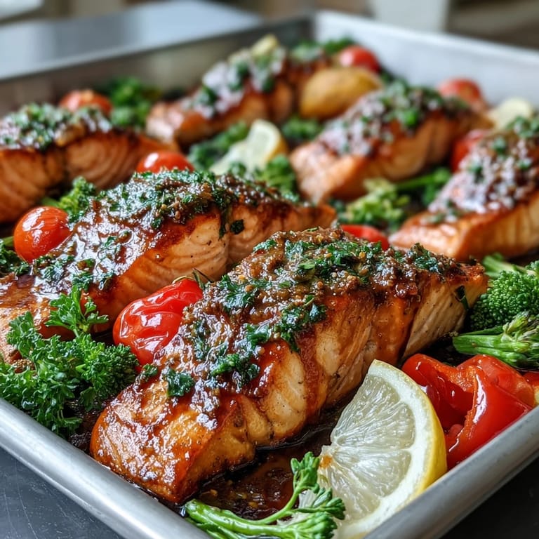 A close-up of Sheet Pan Dijon Salmon with Roasted Vegetables highlighting caramelized tomatoes and broccoli.
