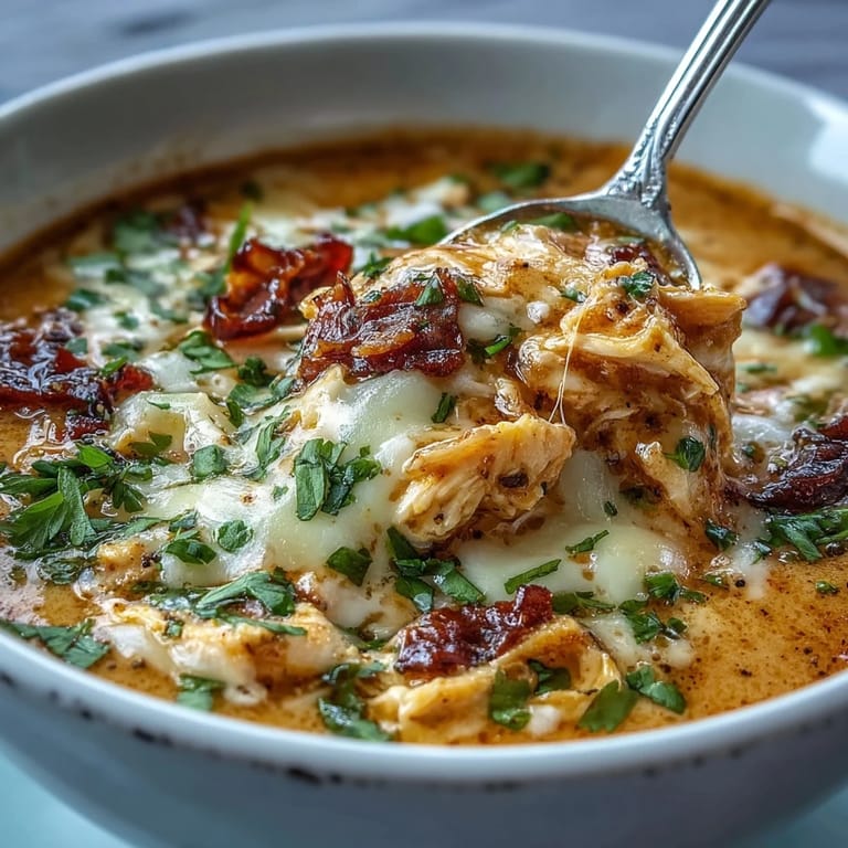 A ladle lifts a rich serving of Keto Creamy Chicken Enchilada Soup, revealing creamy texture and tender chicken shreds.