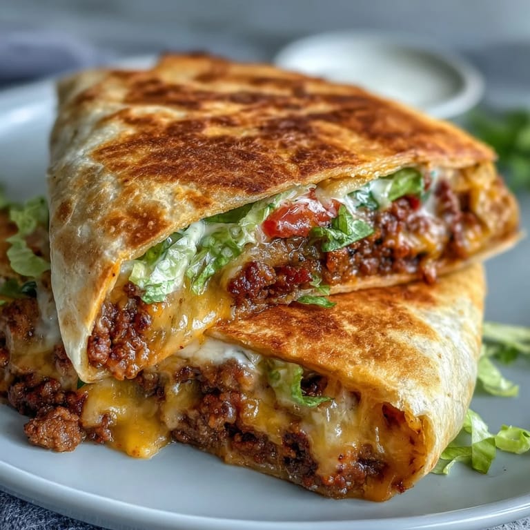 Melty cheddar and crunchy pork rinds peek from a golden keto tortilla wrap filled with seasoned beef.