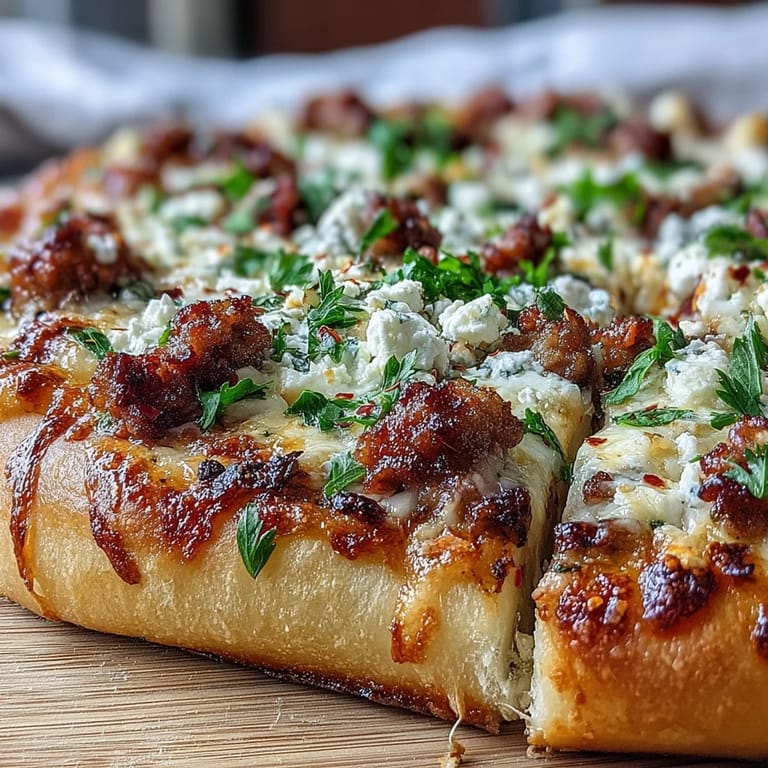 This gourmet Hot Sausage Feta Honey Pizza features bubbling mozzarella and spicy sausage on a crisp, well-charred crust, ready to slice and serve. 