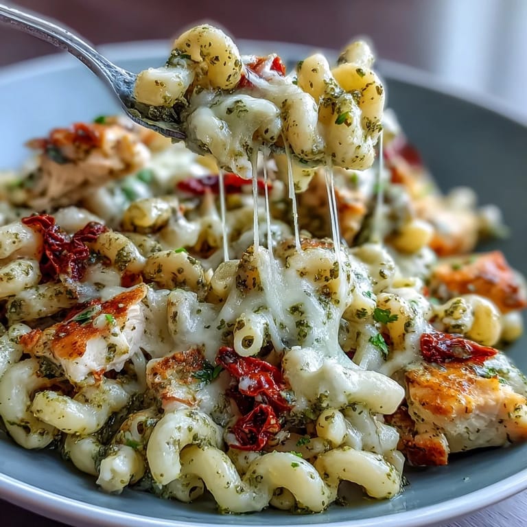 Flavorful pesto chicken chili mac featuring aromatic basil pesto, hearty pasta, and savory sun-dried tomatoes in a cheesy tomato broth.  