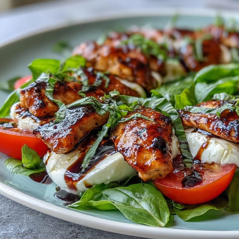 Vibrant summer salad with grilled chicken breast, ripe tomato slices, mozzarella, and basil, drizzled with tangy balsamic glaze.  