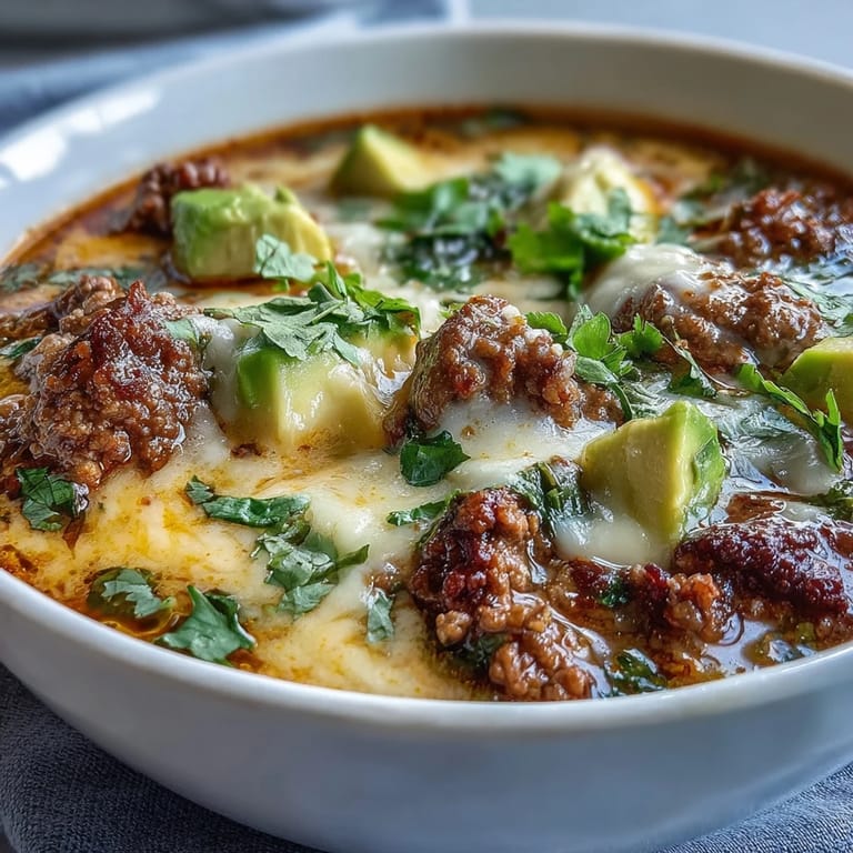 Creamy low-carb taco soup with seasoned ground beef, cheddar, and avocado, served with lime wedges.  