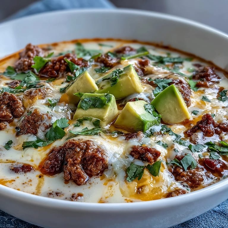 Rich and comforting keto taco soup featuring ground beef, green chilies, and avocado slices.